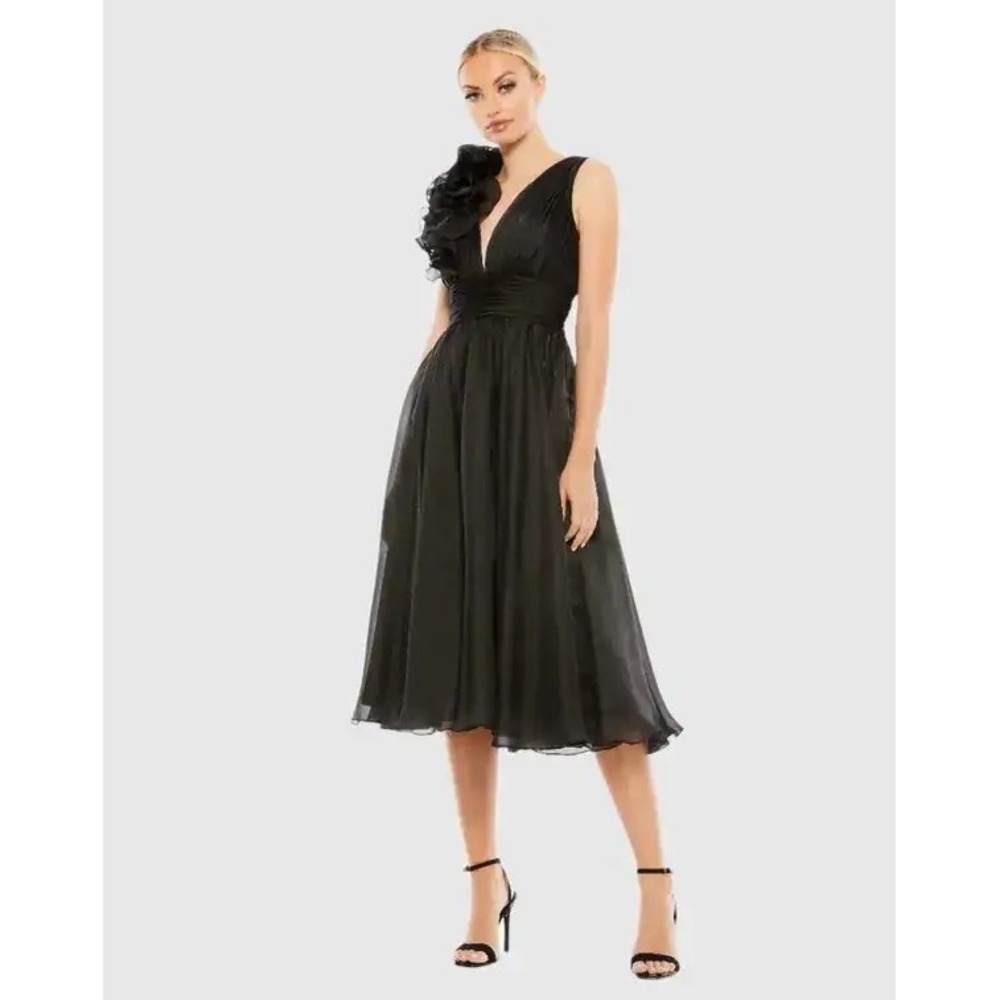 Mac Duggal 70165 Black Pleated Chiffon Floral Shoulder V-Neck Midi Dress Sz 2‎